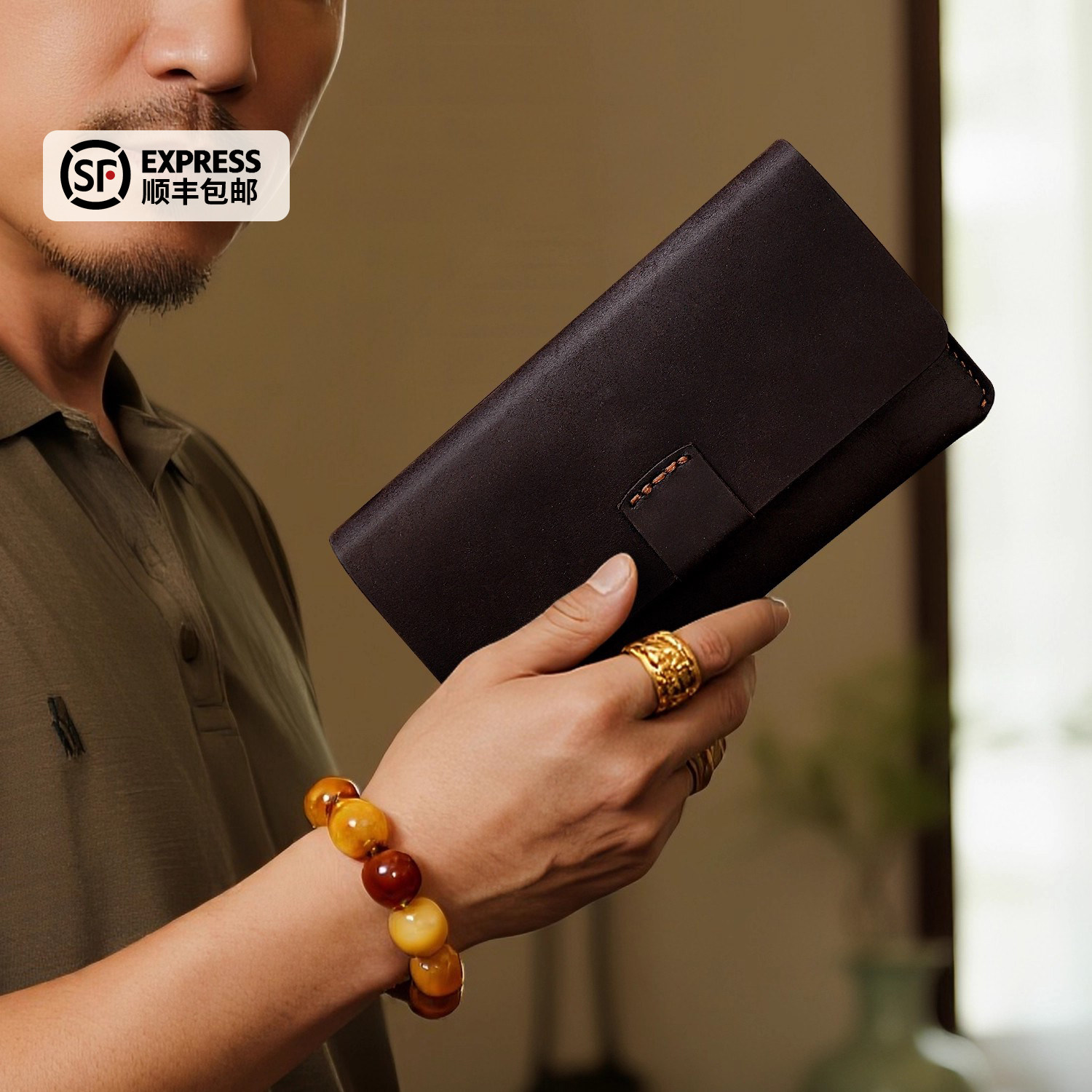 鹿师傅牛皮真皮男士手包图片