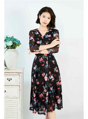 商场同款珂莱家2025夏新款玫瑰印花真丝茶歇法式优雅气质连衣裙女