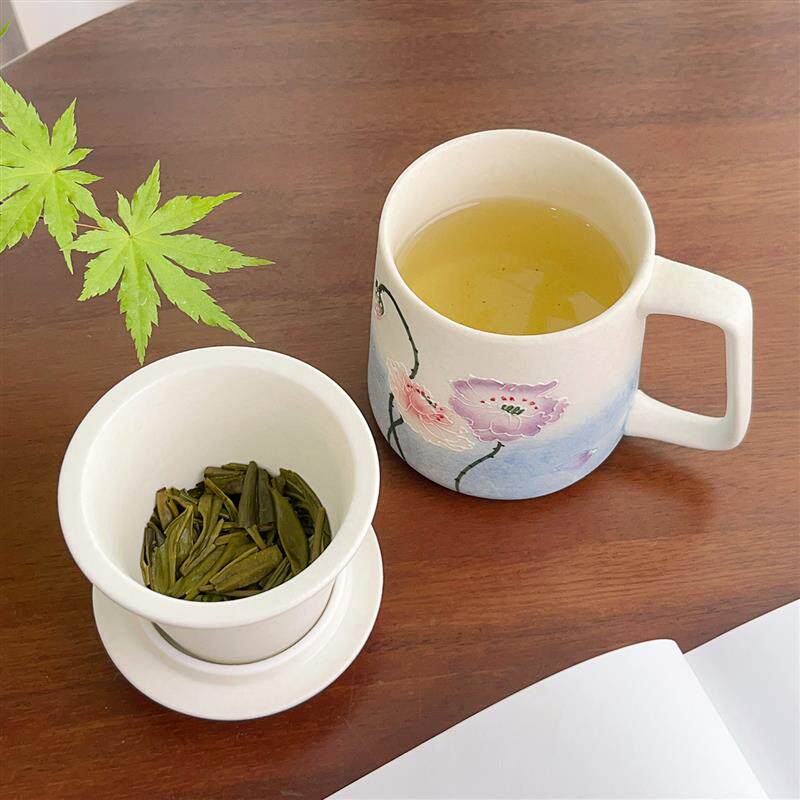云镜虞美人手绘陶瓷办公杯釉下彩家用陶瓷茶水分离泡茶杯个人杯