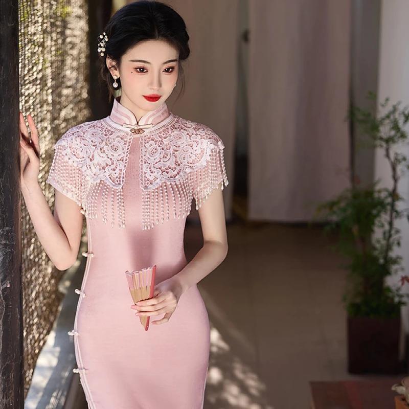复古蕾丝旗袍云肩新中式珍珠流苏吊坠披肩中国风汉服外搭重工配饰