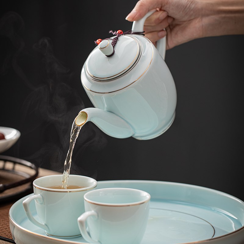 青瓷茶具泡茶壶家用中式陶瓷单壶带过滤网红绿花茶大容量耐高温壶