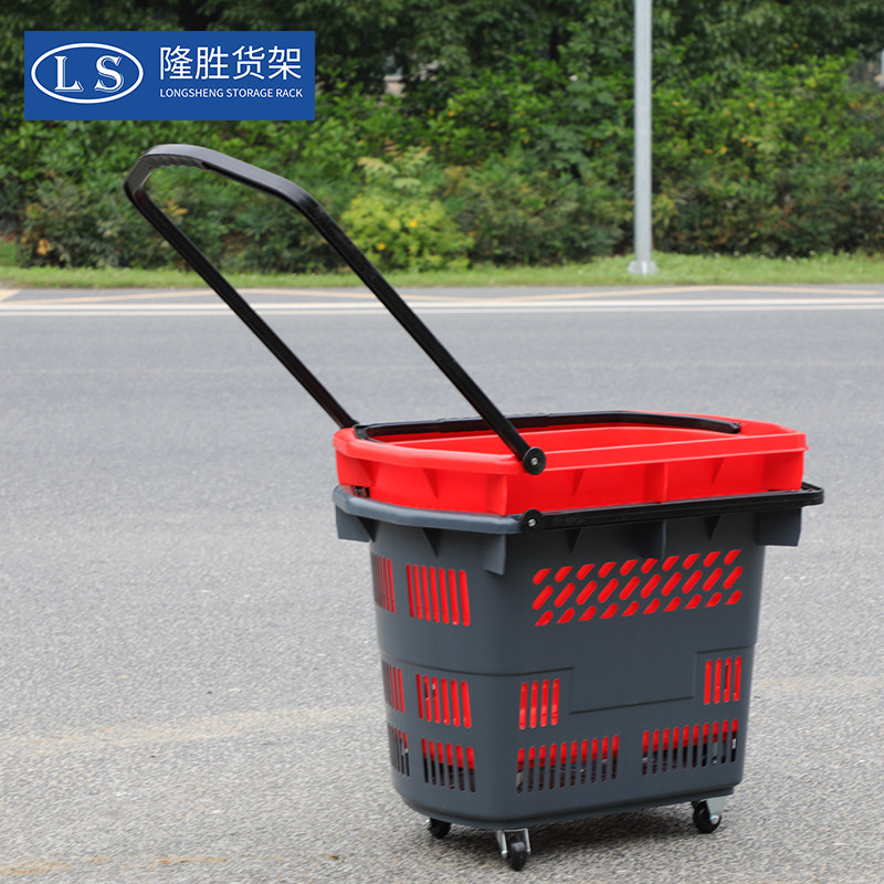 特大L号60升容量塑料购物车 拉杆带四轮两用超市商场买菜购物篮