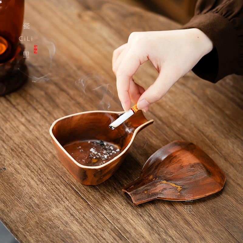 侘寂雪茄缸陶瓷带盖烟灰缸防飞灰创意烟缸复古家居装饰摆件雪茄槽