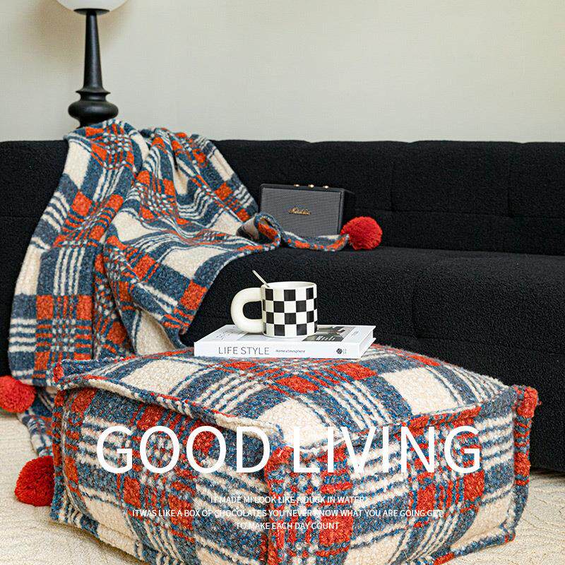 复古橙蓝英伦格子坐墩可拆洗蒲团搭毯客厅懒人沙发脚凳地板坐垫