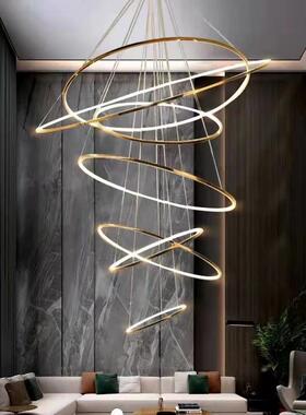 复式楼客厅大吊灯不锈钢轻奢简约别墅loft公寓跃层楼梯间圆环形灯