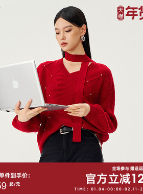 曼诺比菲商场同款2025新年红v领套头毛衣针织衫上衣MGCM111001