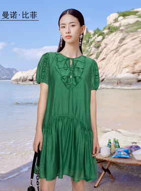 曼诺比菲商城同款夏季多巴胺色褶皱领连衣裙高级感MEBL124160