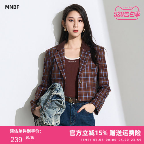 曼诺比菲商场同款春秋复古格子西装外套上衣短款女MFBG135078