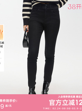 曼诺比菲商场同款冬季高腰修身加绒铅笔裤牛仔裤女MFFK145139