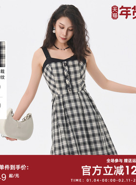 曼诺比菲商场同款2025春季复古拼接修身格子吊带连衣裙MGAL113054