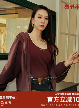 曼诺比菲商场同款春夏休闲百搭气质连帽风衣外套女薄款MFHG171012