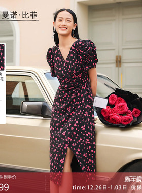 曼诺比菲商城同款秋季玫瑰印花连衣裙女侧开叉长款MEBL133069