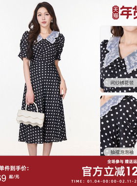 曼诺比菲夏季法式气质黑白波点印花连衣裙长裙女修身DMFBL121001