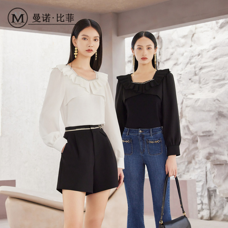 长袖褶皱领长袖T恤褶皱曼诺比菲