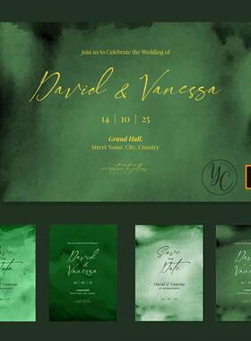 墨绿色时尚简约水彩水墨婚礼请帖开业生日舞台迎宾背景矢量AI素材