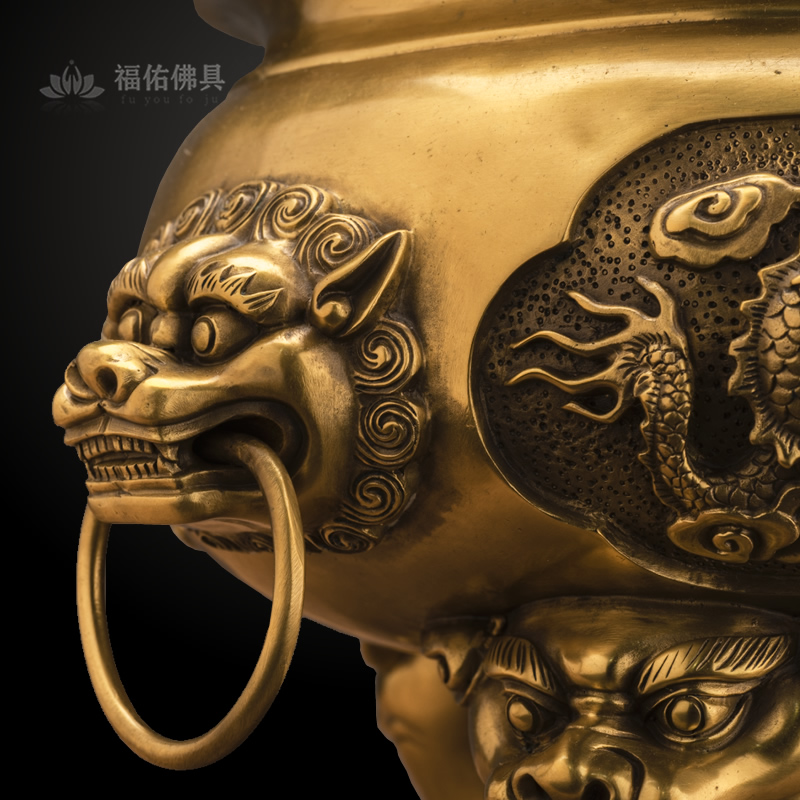 福佑佛具 大号纯l铜三足双龙戏珠香熏炉 寺庙祠堂家用佛堂供奉香