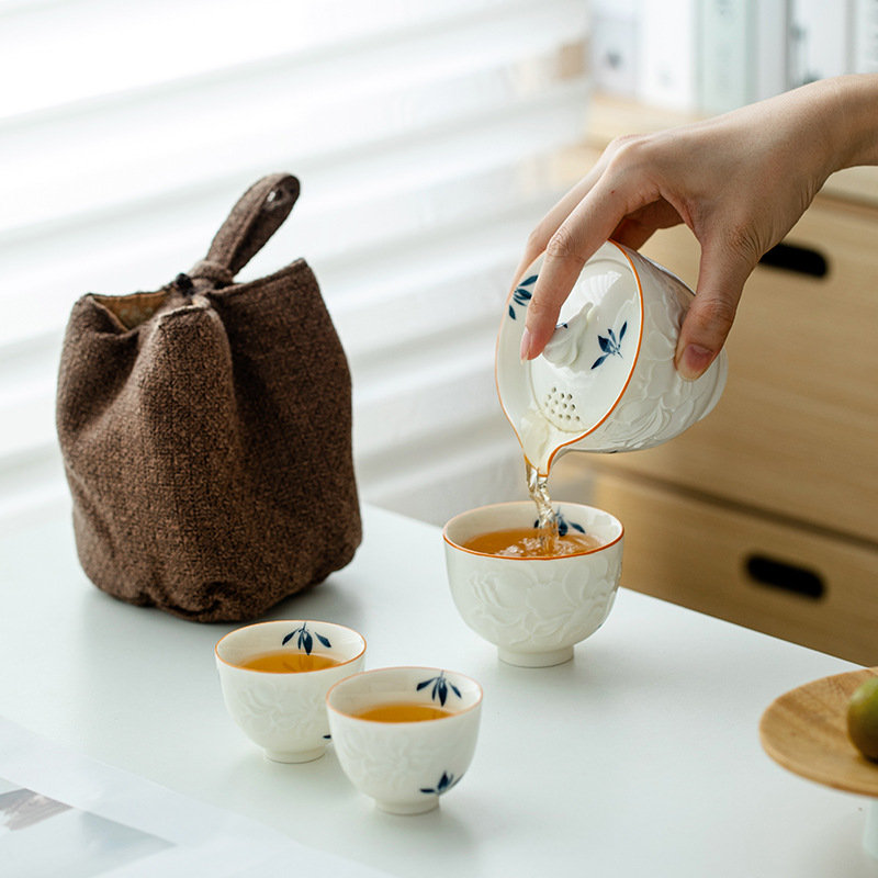 昌朴居纯手绘蝴蝶兰花旅行茶具茶杯创意陶瓷套装快客杯户外式