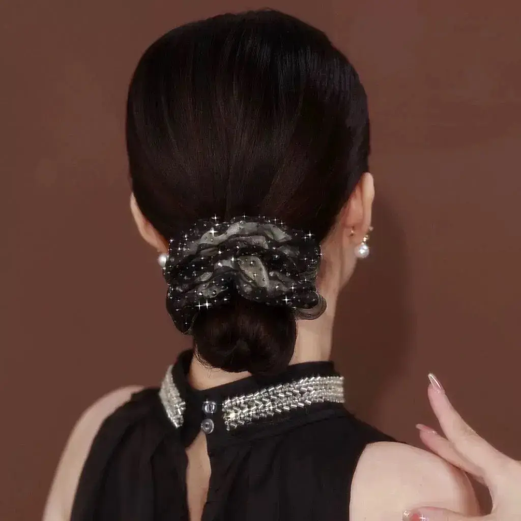 欧根纱韩版发圈满天星镶嵌法式双层水钻甜美气质头花扎头发女头-W