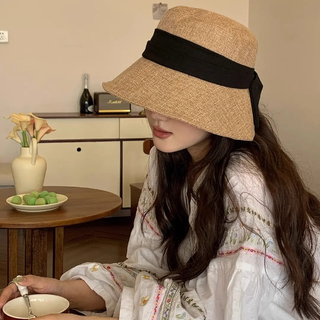 VINSAMEI 日系棉麻蝴蝶结帽女夏季轻薄透气遮阳帽可卷大帽檐盆帽W