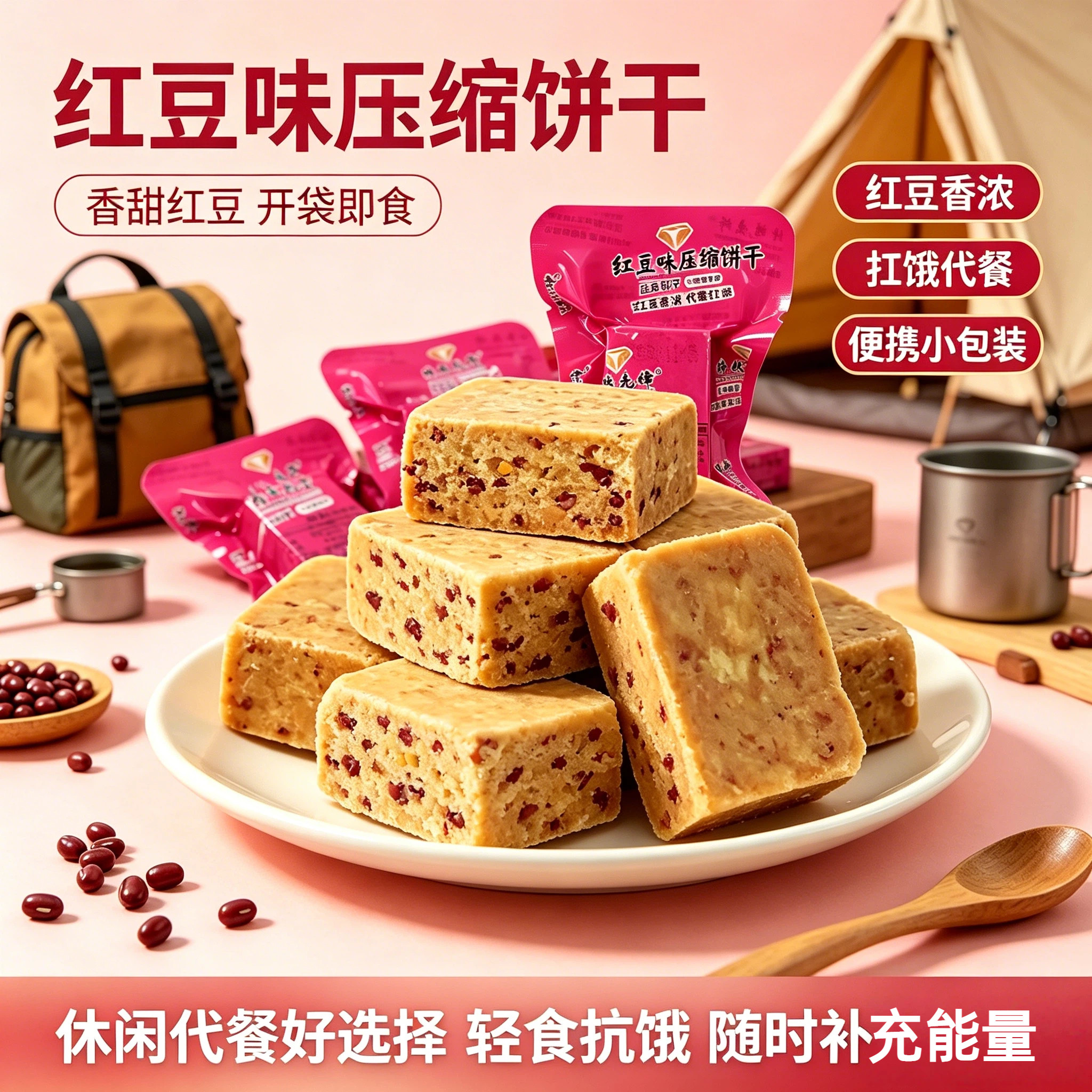 红豆味压缩饼干充饥解馋零食饱腹户外干粮代餐批发独立小包装顶饿