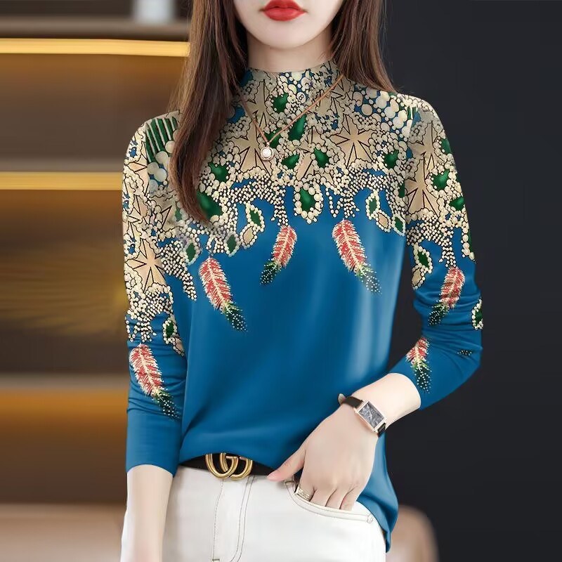 清仓外贸妈妈中老年加绒加厚长袖半高领打底衫印花遮肚T恤女上衣