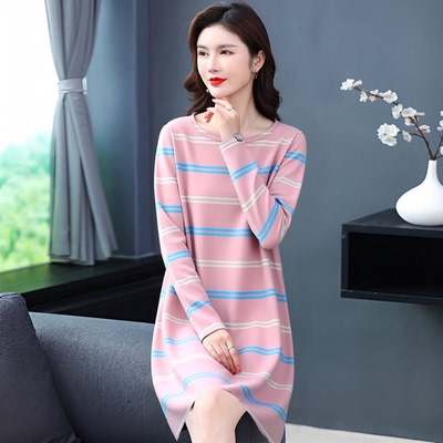 条纹长袖圆领修身显瘦遮肚连衣裙