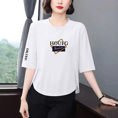 中老年女七分袖字母T恤宽松显瘦