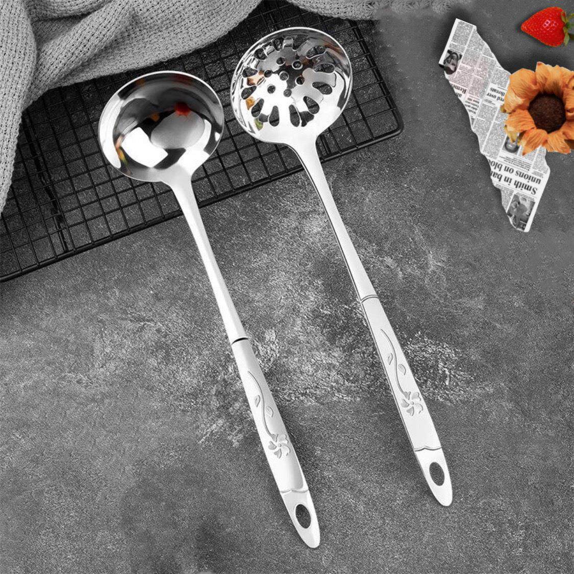 不锈钢汤勺漏勺汤壳汤漏火锅勺盛汤厨房烹饪用具套装加长加厚无磁