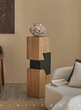Hinice侘寂风拼色摆件方形角几花几木桩墩子造景实木柱装饰置物架