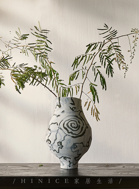 Hinice 手作现代简约白色陶瓷花瓶软装艺术涂鸦客厅插花花器摆件
