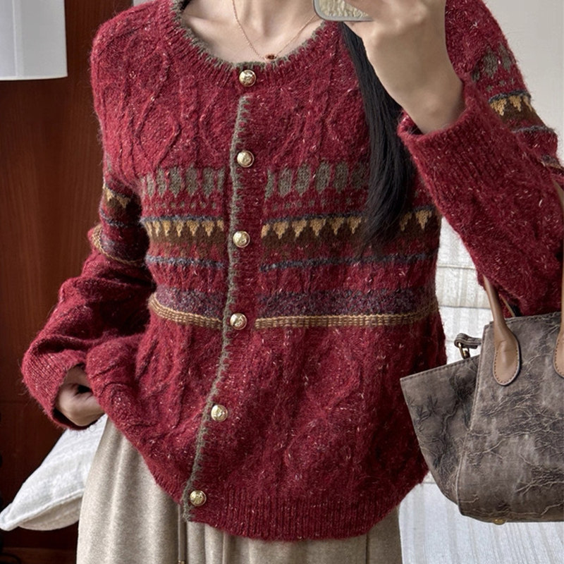 TIKVAH新款设计感超好看费尔岛风复古提花女针织开衫高级感慵懒风,女装/女士精品,毛针织衫,淘宝优惠券,粉丝福利购,淘宝优惠卷