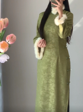 四季予她【碧衡】秋冬加绒蝴蝶兰提花绿色显白旗袍  衣长120