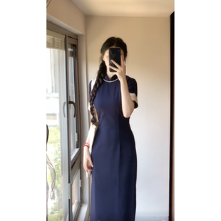 四季予她【远岚】蓝色显白文艺书卷气改良日常刺绣旗袍  衣长120