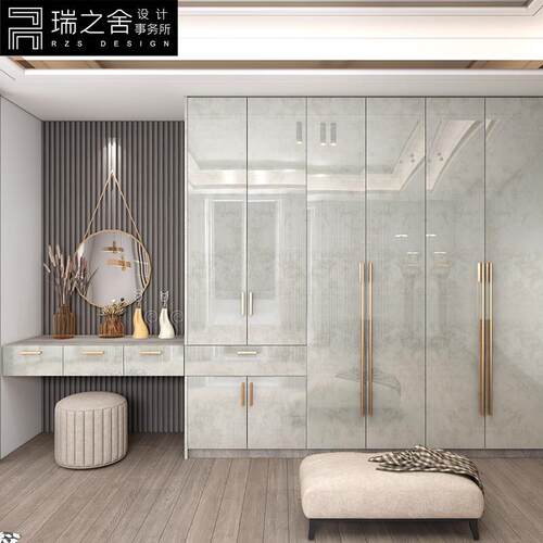 轻奢衣柜家用卧室玻璃门简约现代小户型亮光实木衣柜带梳妆台定制