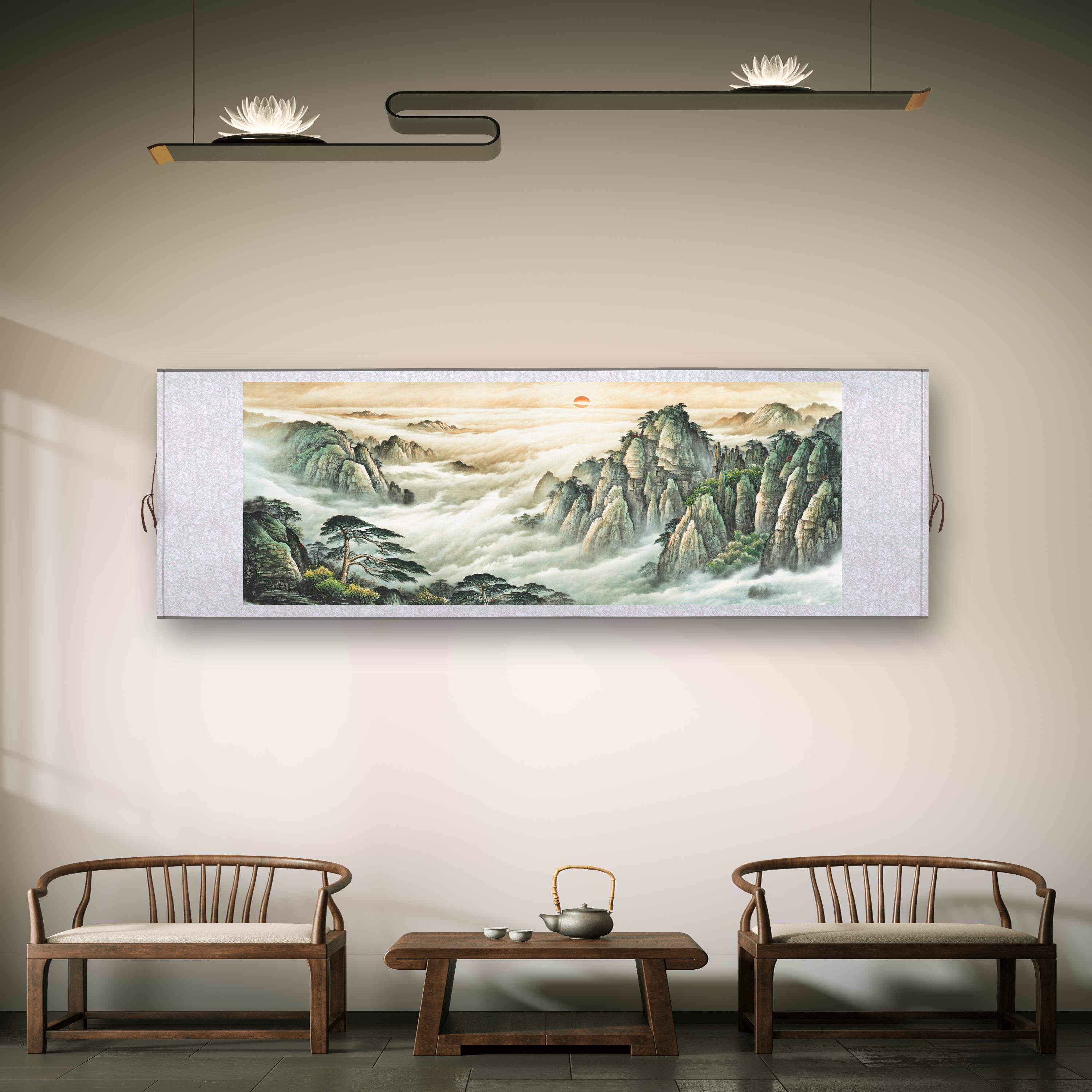旭日东升国画挂轴 新中式客厅挂画 茶室山水装饰画