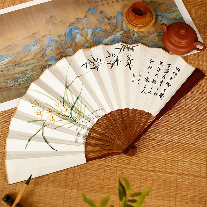 吉善手绘扇子10寸花鸟红乌木折扇宣纸扇中国风古风杭州礼品扇男扇