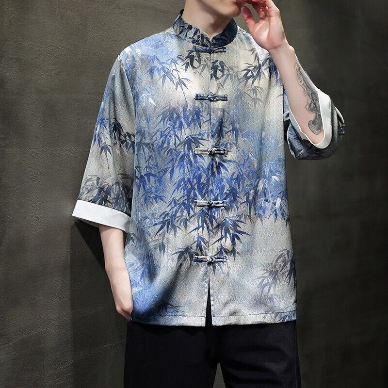 中国风树叶印花短袖衬衫男复古