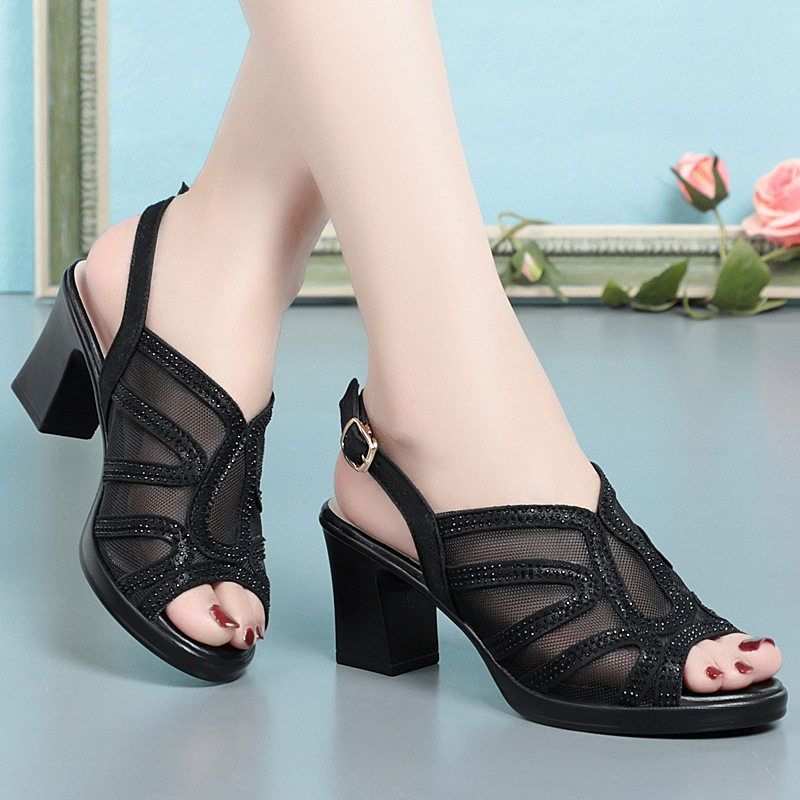 鱼嘴真皮凉鞋新款高跟鞋透气中