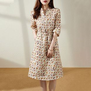 中长款 法式 短袖 裙子 衬衫 2025夏款 亚麻碎花连衣裙气质通勤女装 新款