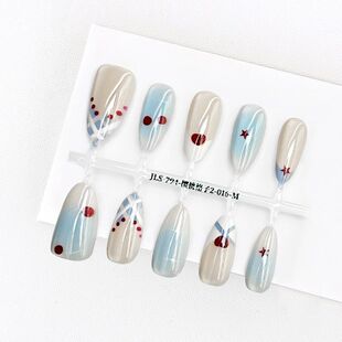 【皎珑】樱桃格子猫眼穿戴甲法式清新蓝纹格子纯欲显白中杏仁美甲