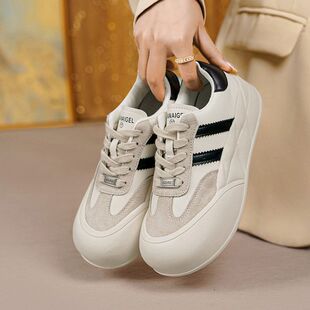 真皮休闲板鞋软底百搭丑萌大头圆头胖胖鞋三条杠德训厚底小白鞋女