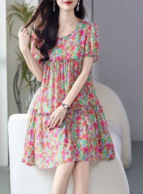 69518 真丝连衣裙女100％桑蚕丝女装高级感遮肚子韩版红色碎花裙