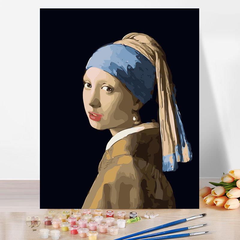 厂家diy数字油画油彩画人物名画亚马逊爆款戴珍珠耳环的少女