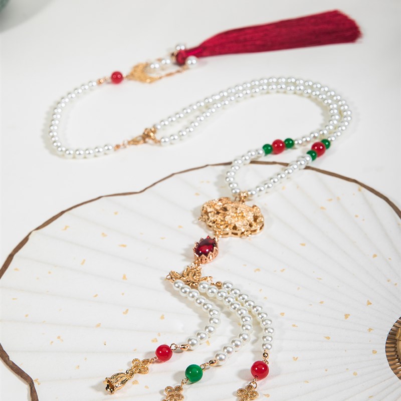 配马面裙的璎珞【岁岁平安】明制长背云古风汉服项链复古珍珠颈饰