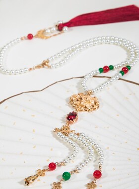 配马面裙的璎珞【岁岁平安】明制长背云古风汉服项链复古珍珠颈饰