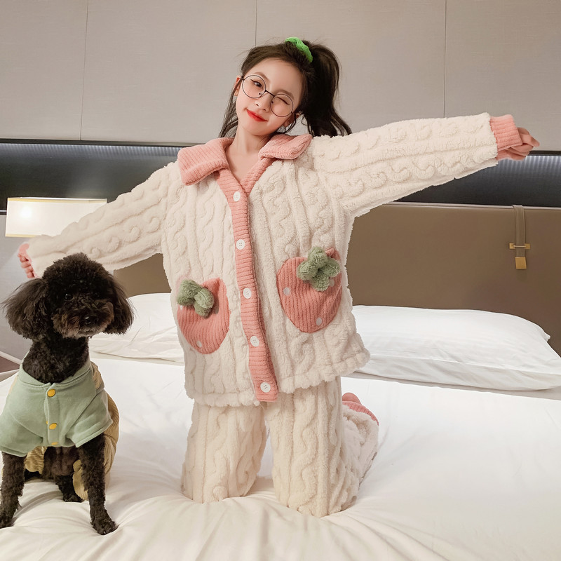 睡衣女童秋冬季珊瑚绒加绒加厚款儿童小女孩法兰绒2023新款家居服