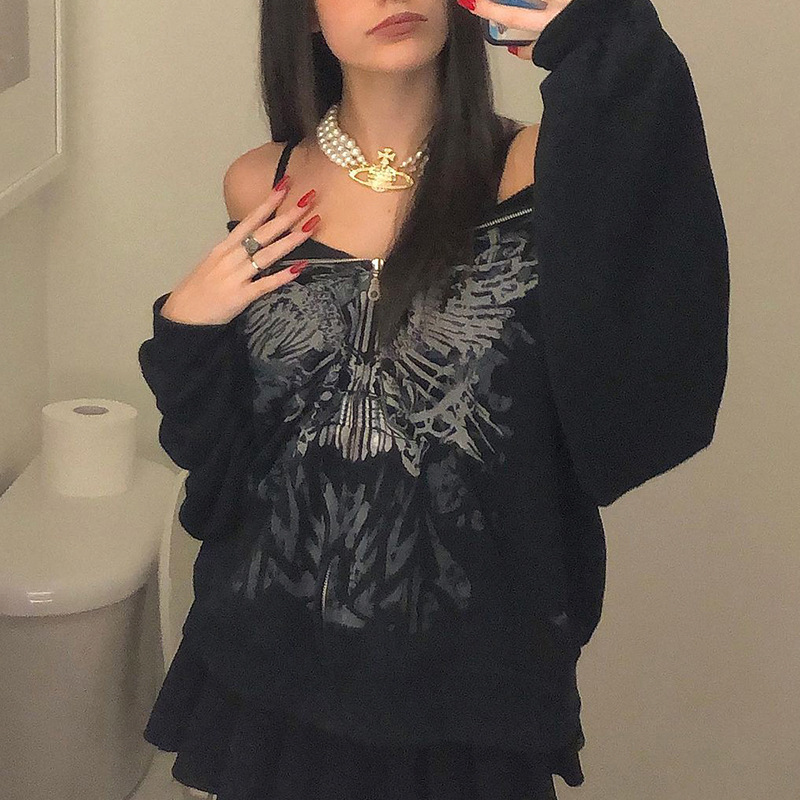 Y2K Butterfly Print Hoodies Women Gothic Grunge Long Sleeve