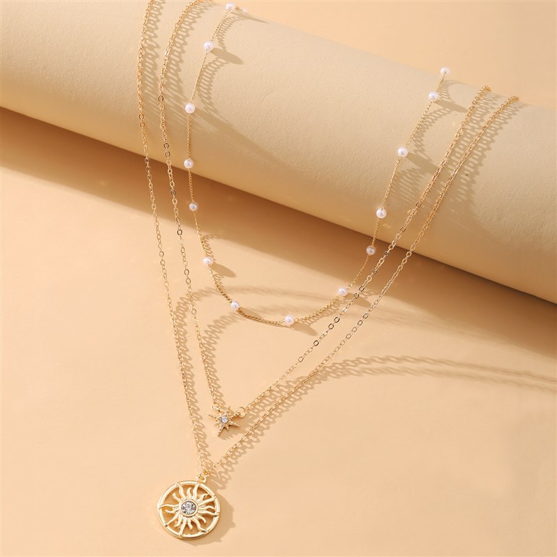 Sun Pendant clavicle chain retro pearl multi-layer Necklace
