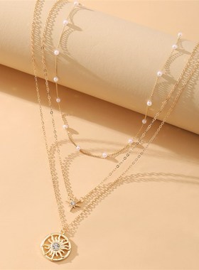 Sun Pendant clavicle chain retro pearl multi-layer Necklace