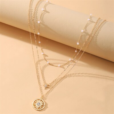 Sun Pendant clavicle chain retro pearl multi-layer Necklace